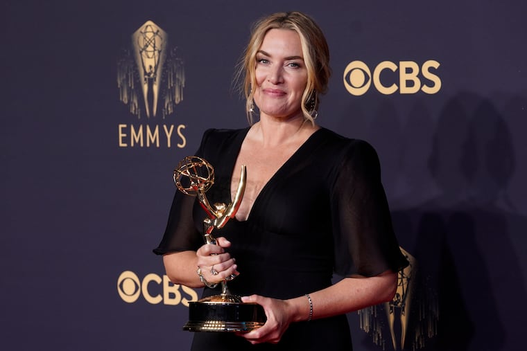 Kate Winslet, winner of outstanding lead actress in a limited or anthology series or movie for "Mare of Easttown," poses at the 73rd Primetime Emmy Awards on Sunday, Sept. 19, 2021, in Los Angeles.