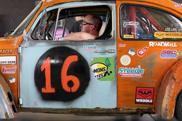 Steve Bowen, of Horsham, PA, waits to have his team’s VW Beetle inspected during the 24 Hours of Lemons: The Real Hoopties of New Jersey test and tech day at New Jersey Motorsports Park in Millville, NJ on May 11, 2018.