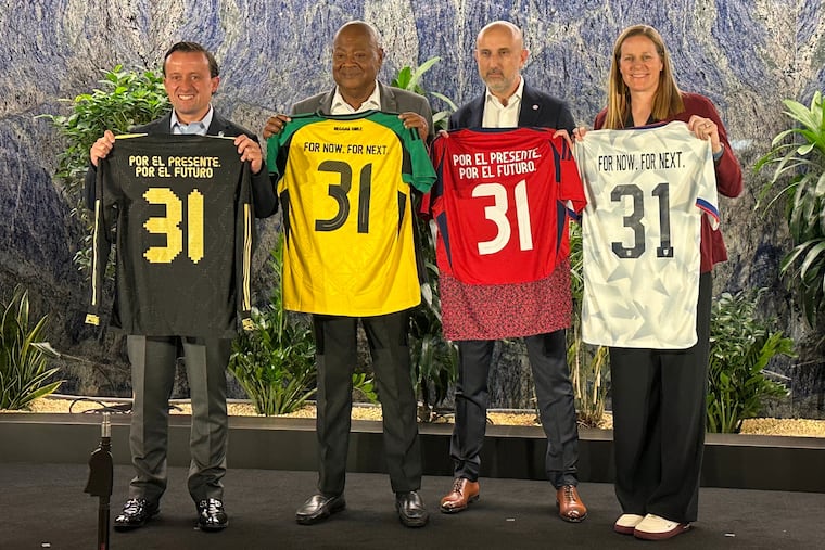 The heads of soccer federations gather to announce a joint bid to host the 2031 FIFA women's World Cup. From left: Mexico's Mikel Arriola, Jamaica's Michael Ricketts, Costa Rica's Osael Maroto, and the United States' Cindy Cone.
