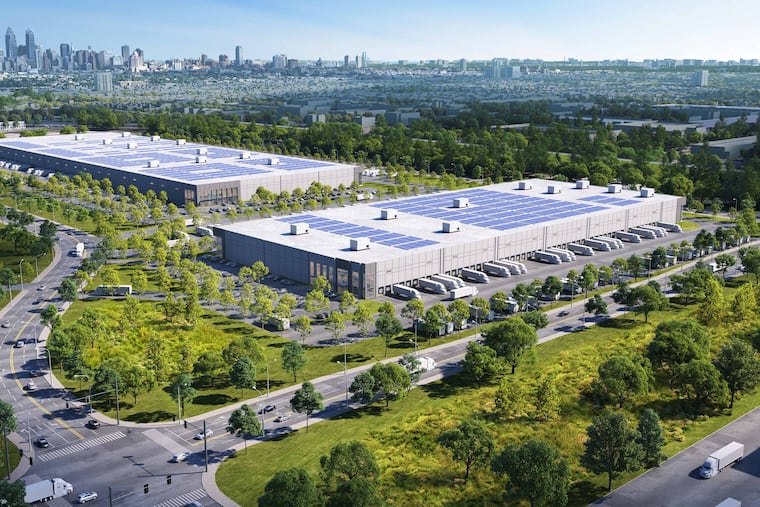 An aerial rendering of the first two warehouses proposed for the Bellwether District. The smaller one is now finished and its larger cousin is nearing completion.