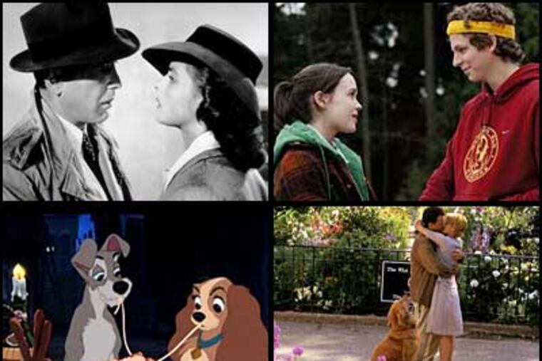 Carrie Rickey suggests cuddling up with a romantic movie for Valentine's Day. Her picks include (clockwise from top left): "Casablanca," "Juno," "You've Got Mail," and "Lady and the Tramp."