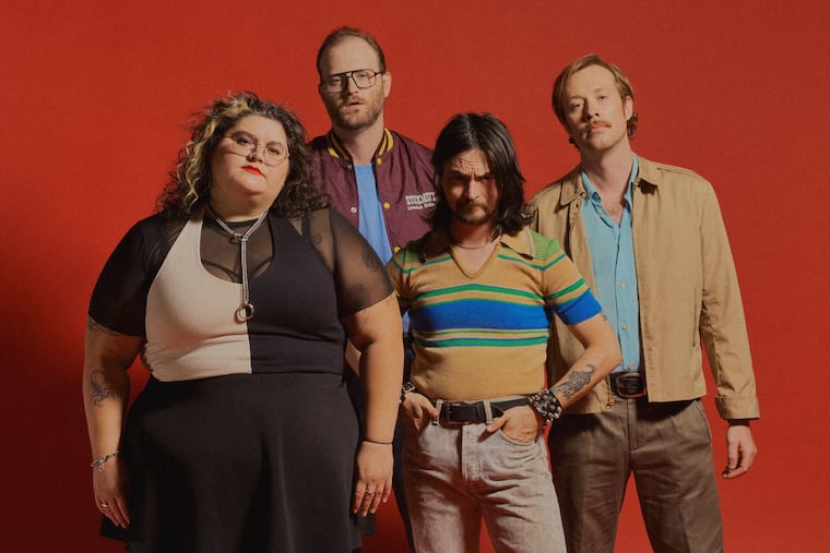 Philadelphia band Sheer Mag, left to right: Tina Halladay, Kyle Seely, Matt Palmer, and Hart Seely. The band is featured on NPR Music Tiny Desk Concert series.