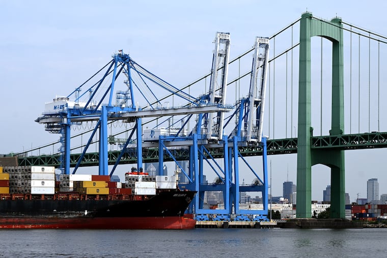 Holt Logistics Corp. cranes at the Packer Avenue Marine Terminal in South Philadelphia in June. Port authority officials hope to buy similar cranes for the Tioga Marine Terminal in Port Richmond.