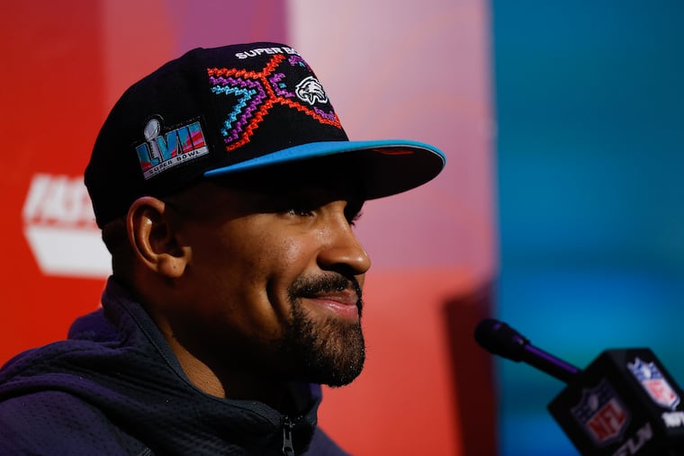 Eagles quarterback Jalen Hurts meets with the media during Super Bowl LVII opening night with the Eagles players and coaches at the Footprint Center in Phoenix on Monday, February 6, 2023.