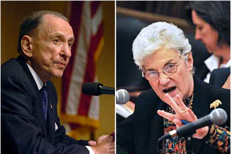 Sen. Arlen Specter wants to hold a preliminary hearing into an Inquirer investigation about the problems plaguing the city's court system. District Attorney Lynne M. Abraham (right) said she had no response to Specter's plans and has criticized the Inquirer's analysis. (File photos)