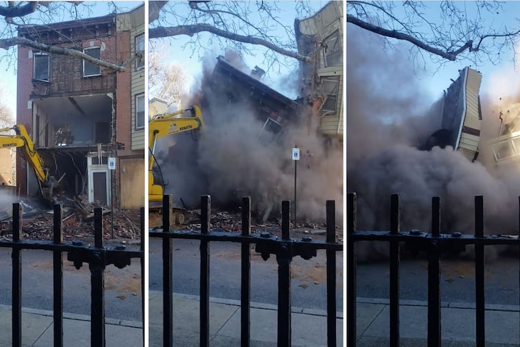 Two Fishtown houses, at 633 and 635 E. Thompson St., collapsed on Sunday shortly after demolition began. A Philadelphia contractor had undertaken construction work without proper permits at 633, which was unoccupied, and destabilized that house and the occupied house next door at 635, according to the Department of Licenses and Inspections. These images are from a video provided by Fishtown resident Venise Whitaker.
