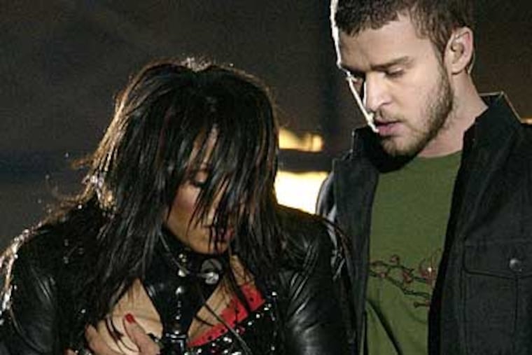 Janet Jackson and Justin Timberlake, during the infamous "wardrobe malfunction" at Super Bowl XXXVIII in 2004.