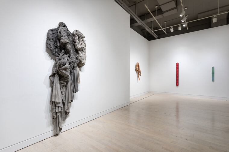 Installation view of the two-person exhibition of sculptures by Norwegian textile artist Hanne Friis (b. 1972) and renowned sculptor Lynda Benglis (b. 1941) at the Locks Gallery in Philadelphia. Left to right: Hanne Friis, 'The Juice From the Trees II,' 2019; Lynda Benglis, '7 Come 11: Seis,' 1976; Lynda Benglis, 'Untitled,' ca. 1966-67; Lynda Benglis, 'Blue Pair, 1972.' Photo by Joseph Hu