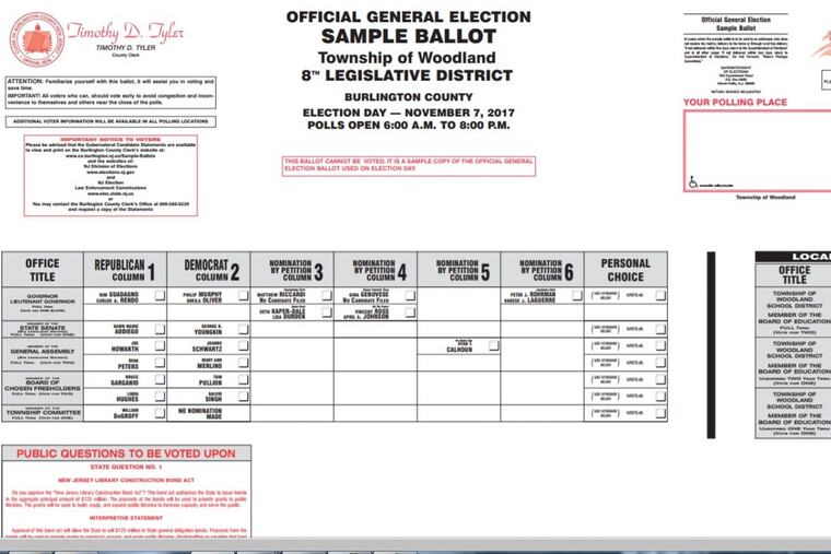 A screen shot of a 2017 sample ballot sent to some Burlington County, N.J., voters.