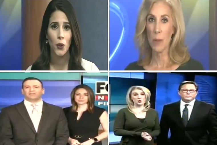 (Clockwise from top left) Pennsylvania news anchors Jessica Guay, Jen Johnson, Ryan Cummins, Jamie Innis, Jasmine Brooks and Robb Hanrahan were all forced to read the same script about “fake news,” provided by management at Sinclair.