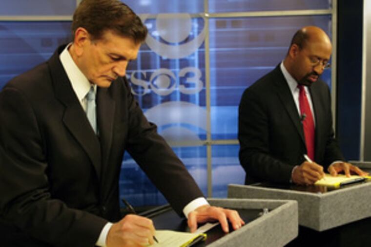 Tom Knox (left) and Michael Nutter prepare for the televised debate in which Knox would pledge to turn his campaign loan into a gift.
