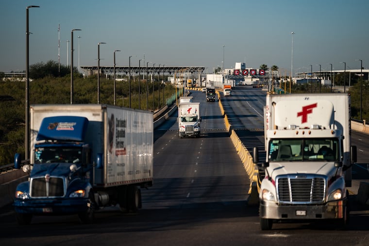 Trucks enter the United States from Mexico at the Laredo Port of Entry in Texas in 2022. President-elect Donald Trump has said that he plans to impose a 25% tariff on all imports from Canada and Mexico, and a 60% tariff on all goods from China.