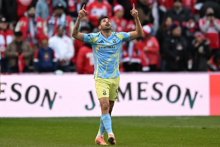 Union forward Tai Baribo celebrates after scoring one of his two goals during the first half of their Game 2 win at the Chicago Fire on Saturday.