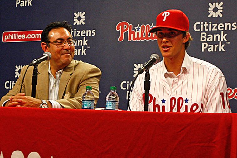 Phillies general manager Ruben Amaro Jr. and 2014 first round draft pick Aaron Nola. (Ron Cortes/Staff Photographer)