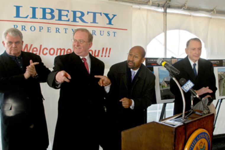 From left, U.S. Congressman Bob Brady, Liberty Property Trust chairman & CEO William P. Hankowsky, Mayor Michael Nutter and U.S. Senator Arlen Specter attend a groundbreaking ceremony at the Navy Yard. (Tom Gralish / Staff Photographer)
