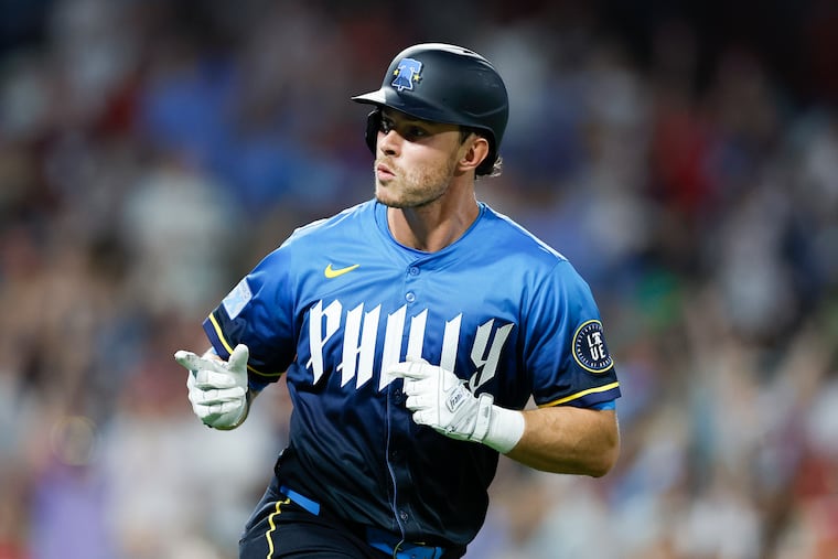 Phillies' Max Kepler points into the Phillies dugout after hitting a seventh inning solo home run against the Arizona Diamondbacks on Friday.