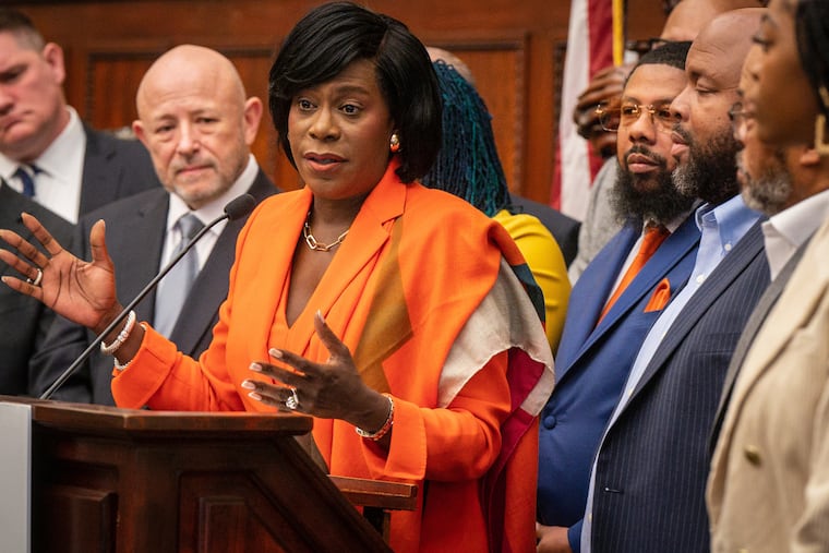 Mayor-elect Cherelle Parker at a news conference in the Mayor's Reception Room at Philadelphia City Hall on Thursday.