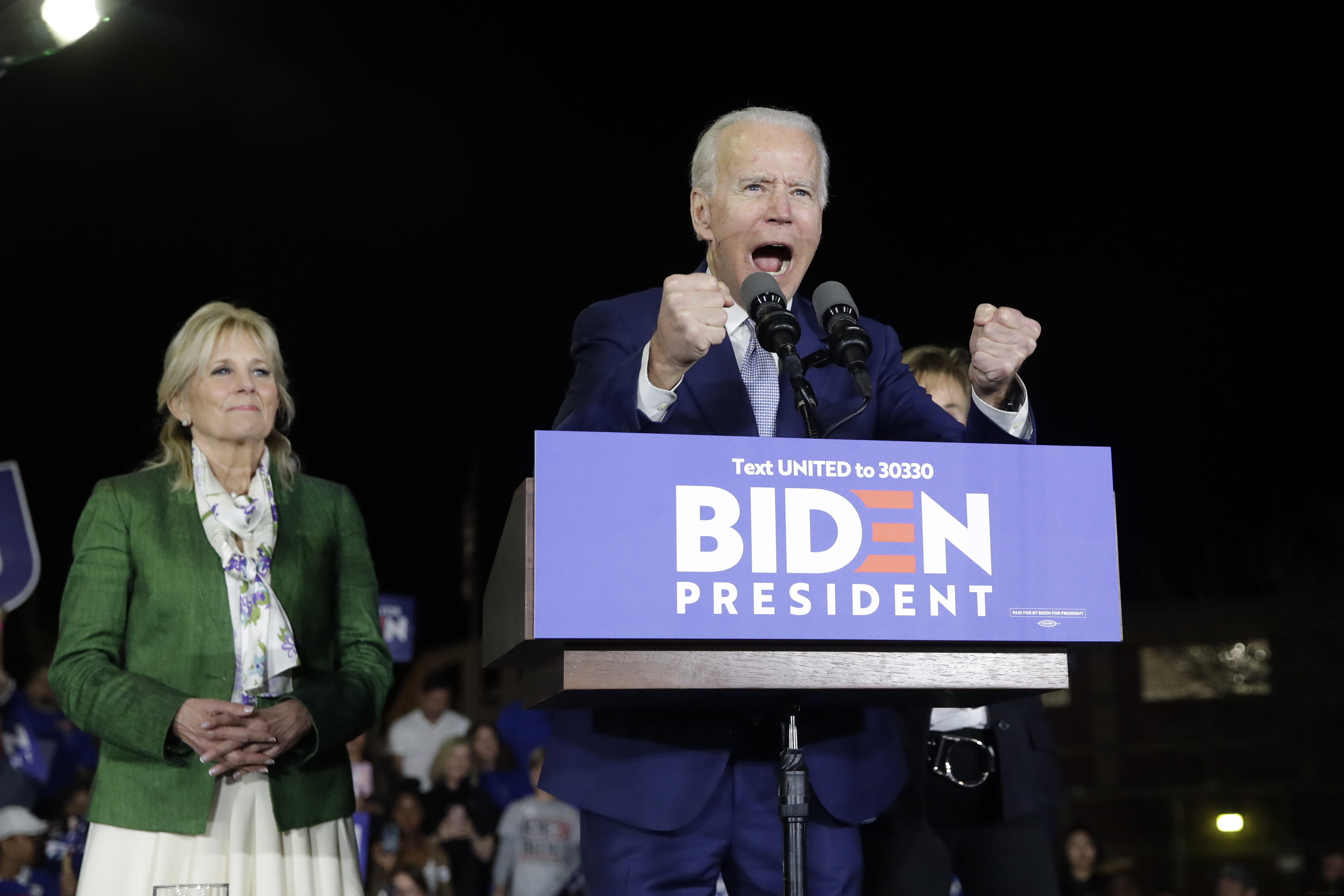 Democratic presidential candidate Joe Biden with his wife Jill during a Super Tuesday election night rally in Los Angeles on March 3, 2020.
