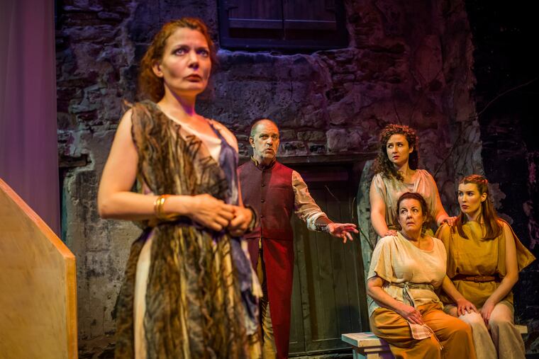 (Left to right:) Jennifer Summerfield, John Lopes, Minou Pourshariati, Susan Wefel, and Julianne Schaubin in "Medea," through Nov. 11 at Hedgerow Theatre Company.