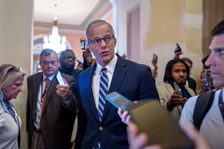 Senate Majority Leader John Thune, R-S.D., pauses for questions from reporters before votes on the immigration enforcement funding package, at the Capitol in Washington, Thursday, June 4, 2026.