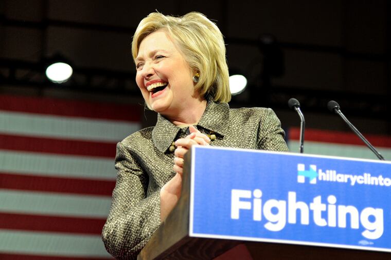 Democratic presidential candidate Hillary Clinton, who won all of Tuesday’s primaries except Rhode Island, is cheered by supporters at her Pennsylvania victory party at the Convention Center.