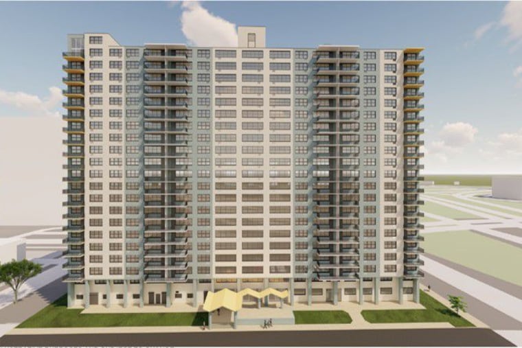 A rendering of the fully renovated Northgate apartments, a landmark overlooking the Benjamin Franklin Bridge in North Camden.