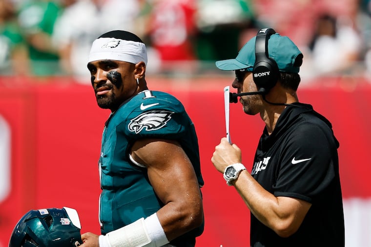 Eagles quarterback Jalen Hurts and Kevin Patullo are still trying to get the passing game in full flow.