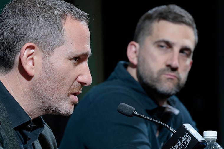 Eagles general manager Howie Roseman (left) speaking about the team’s draft picks on Saturday with coach Nick Sirianni.