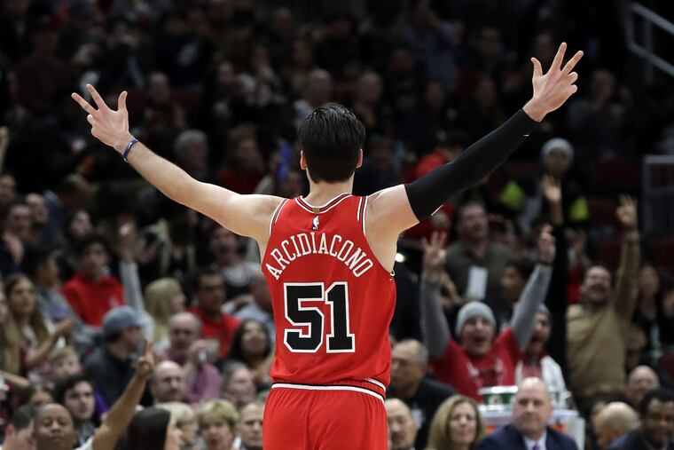 Chicago Bulls guard Ryan Arcidiacono reacts after he made a three-point basket against the Phoenix Suns during the second half of an NBA basketball game Wednesday, Nov. 21, 2018, in Chicago. The Bulls won 124-116. (AP Photo/Nam Y. Huh)