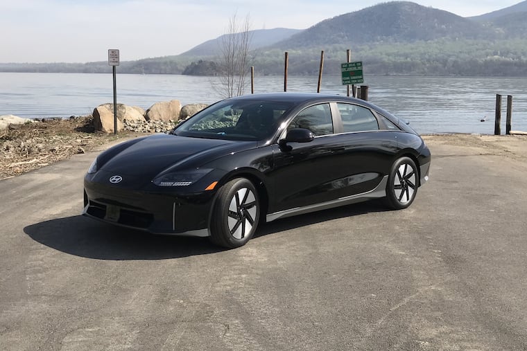 The 2023 Hyundai Ioniq 6 EV sedan borrows a page from the Mercedes AMG E53 for its styling, accented here by the Hudson River near Newburgh, N.Y.