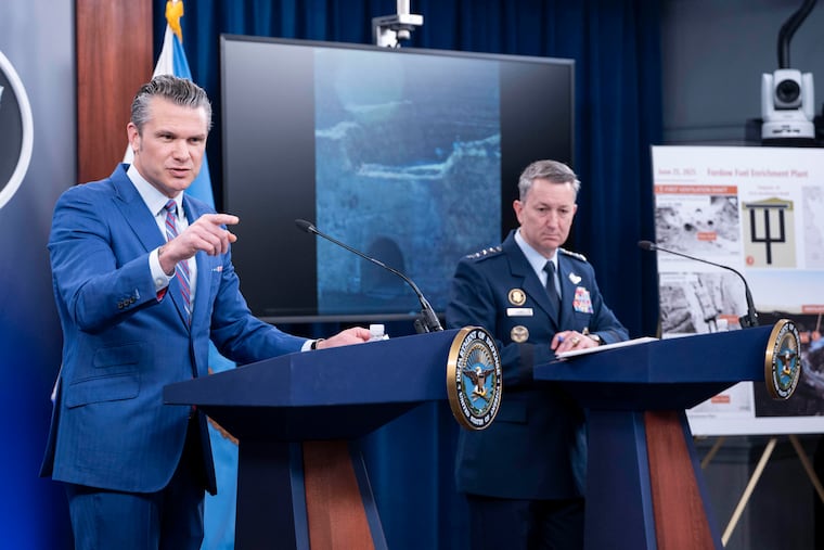 Defense Secretary Pete Hegseth (left) speaks about the bombing of Iran at a news conference with Joint Chiefs Chairman Gen. Dan Caine at the Pentagon on Thursday in Washington.
