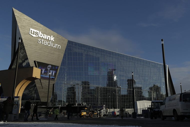 U.S. Bank Stadium is seen Wednesday, Jan. 31, 2018, in Minneapolis. The NFL Super Bowl 52 football game will be played Sunday, Feb. 4, 2018.