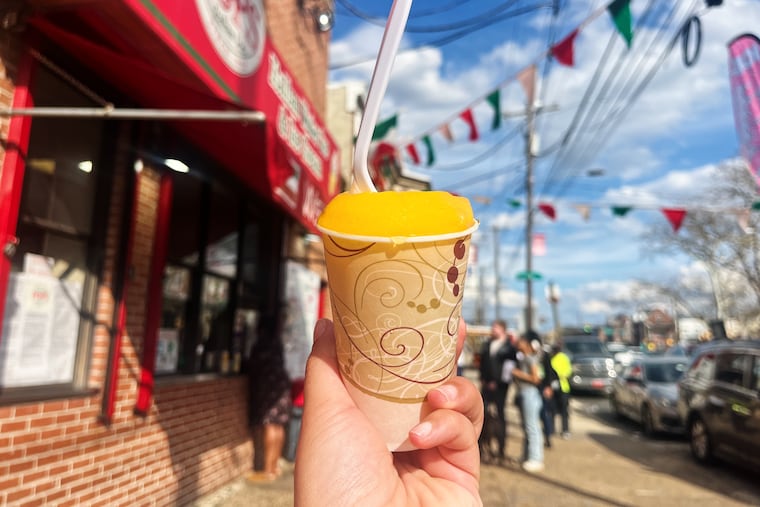 A cup of mango water ice at Pop's Homemade Italian Ice, 1337 Oregon Ave.