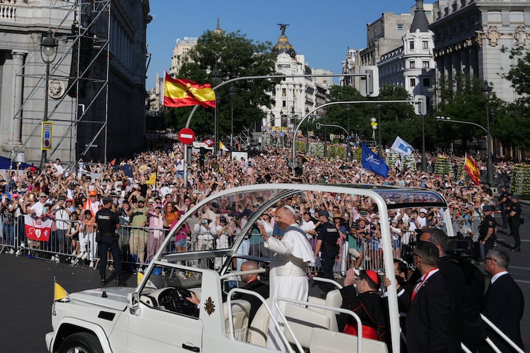 Pope Leo XIV arrives to preside over a Mass marking the Catholic feast of Corpus Christi in Plaza de Cibeles in Madrid, Sunday, June 7, 2026, on the second day of a seven-day apostolic journey to mainland Spain and the Canary Islands.