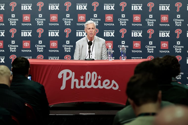 Phillies president Dave Dombrowski speaks to reporters in April. It's anyone's guess whom they might draft with the No. 36 pick Saturday.