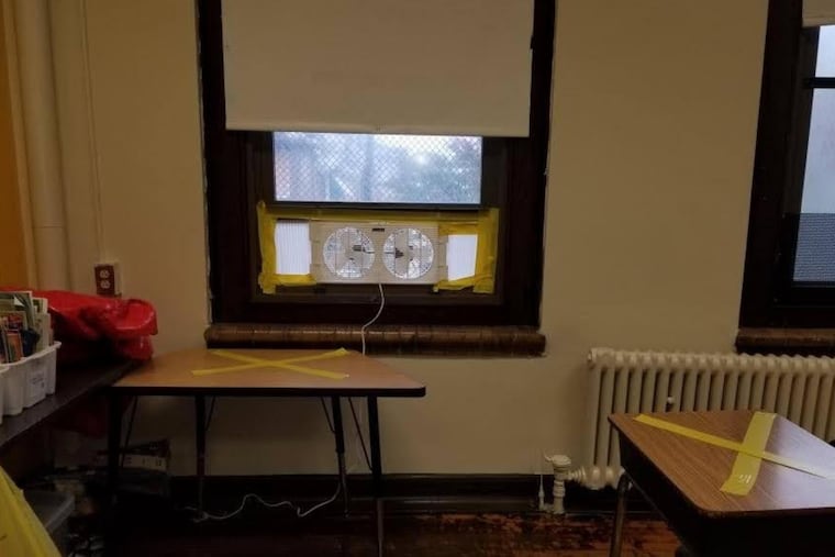 A window fan at John M. Patterson Elementary School in Philadelphia.