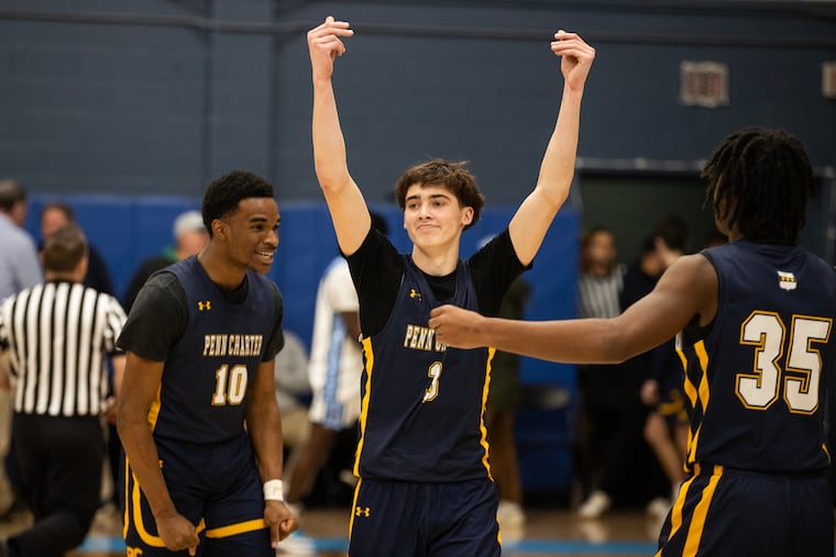 Jake West of Penn Charter celebrates after a 62-60 overtime win over Springside Chestnut Hill Academy on Tuesday.