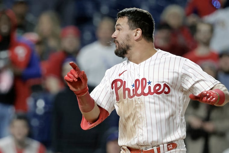 Phils Kyle Schwarber argues with the home plate umpire after he was called out on strikes in the ninth inning of the Milwaukee Brewers at Philadelphia Phillies Major League baseball game at Citizens Bank Park in Phila., Pa. on April 24, 2022.