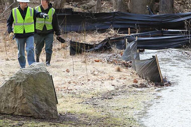 A sewer main broke and created this runoff in Valley Forge National Historic Park. The pipe is owned by the Tredyffrin Township Municipal Authority. (Charles Fox/Staff)