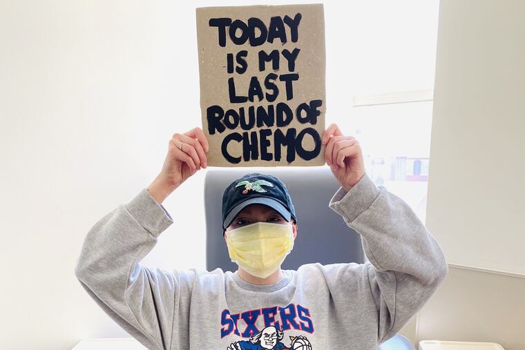 The sign says it all for Alex Trindle, who finished more than six months of chemotherapy on April 28.