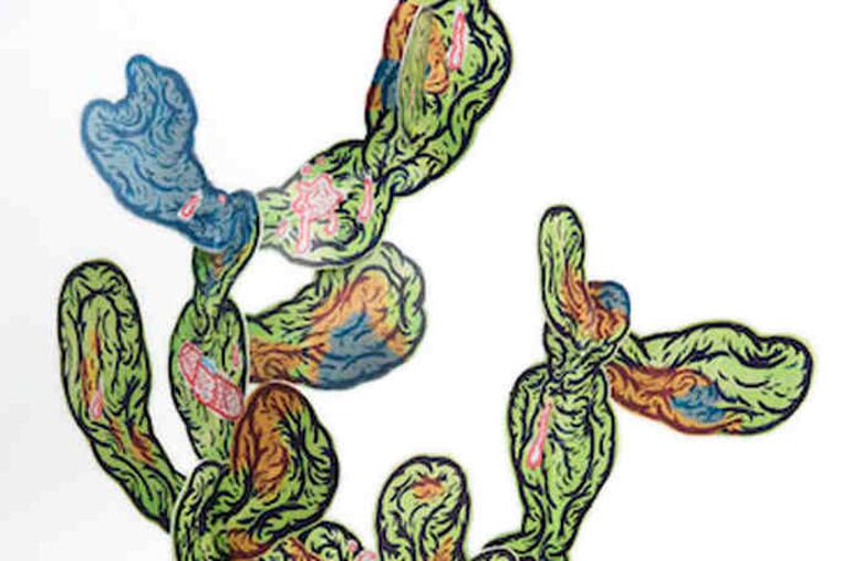 Taylor McKimens' "Plant (Cactus)" (2007) is an ink-jet print mounted on cut wood, in the Print Center's show "To Scale."