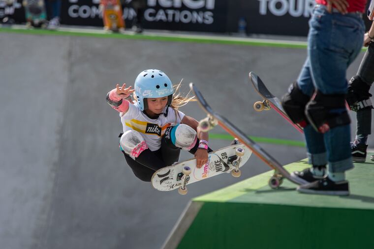 Sky Brown practices at Dew Tour Long Beach, the first ever U.S.-based Olympic qualifying event for skateboarding.