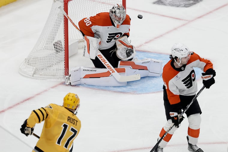 Philadelphia Flyers goaltender Dan Vladar makes a save during the second period of Game 2 of the NHL playoff first-round series in Pittsburgh on Monday, April 20, 2026.