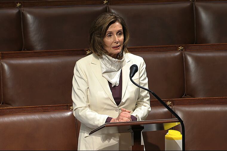 In this image from video, House Speaker Nancy Pelosi of Calif., speaks on the floor of the House of Representatives at the U.S. Capitol in Washington, Thursday, April 23, 2020.