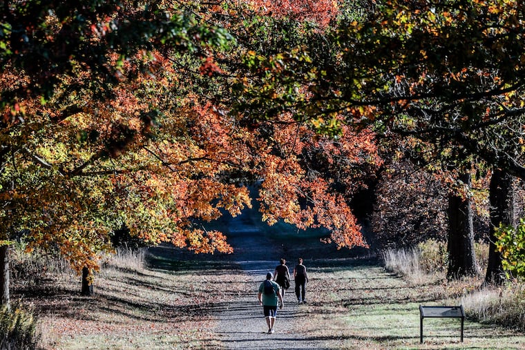 People walk along the trails with the beautiful foliage in Valley Forge National Park last October. The weather into October should be great for walkers, runners, cyclists, and bench sitters.