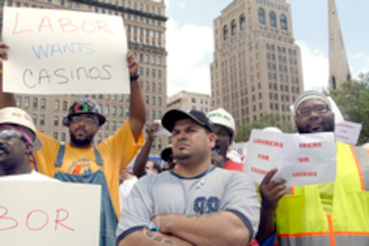 Several hundred people yesterday protested delays in building casinos in Philadelphia. Most were members of a labor and trade union coalition called Build Them Now!