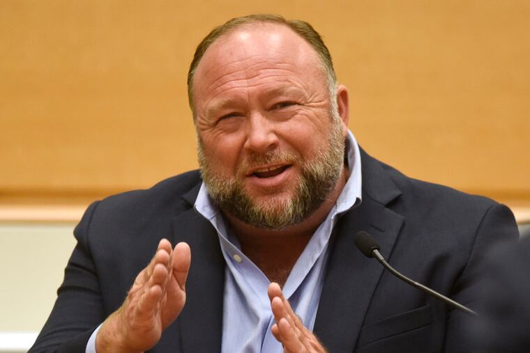 Alex Jones on the witness stand to testify at the Sandy Hook defamation damages trial at Connecticut Superior Court in Waterbury, Conn., on Thursday.