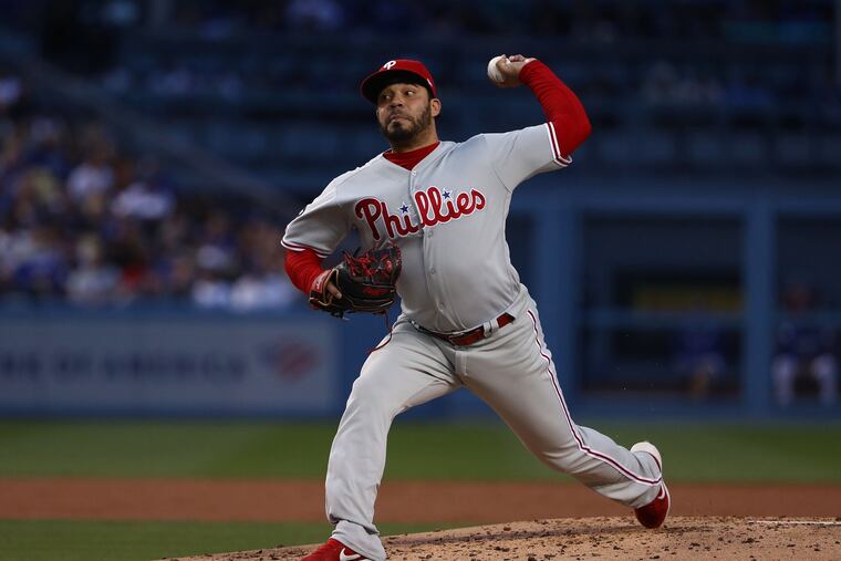 LOS ANGELES, CALIFORNIA - JUNE 01: Pitcher Jose Alvarez #52 of the Philadelphia Phillies pitches in the second inning of the MLB game against the Los Angeles Dodgers at Dodger Stadium on June 01, 2019 in Los Angeles, California. (Victor Decolongon/Getty Images/TNS)