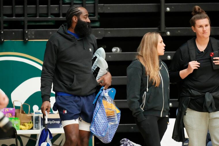 Philadelphia 76ers guard James Harden heads out of Moby Arena after Sixers practice on Thursday in Fort Collins, Colo.