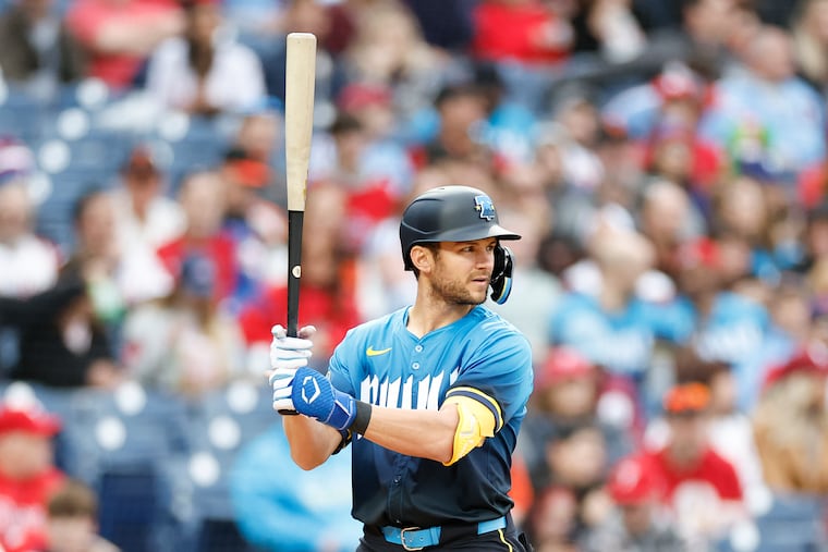 An online scammer pretending to be Phillies shortstop Trea Turner, seen here on May 3, stole $50,000 from a woman in Montgomery County, according to police.